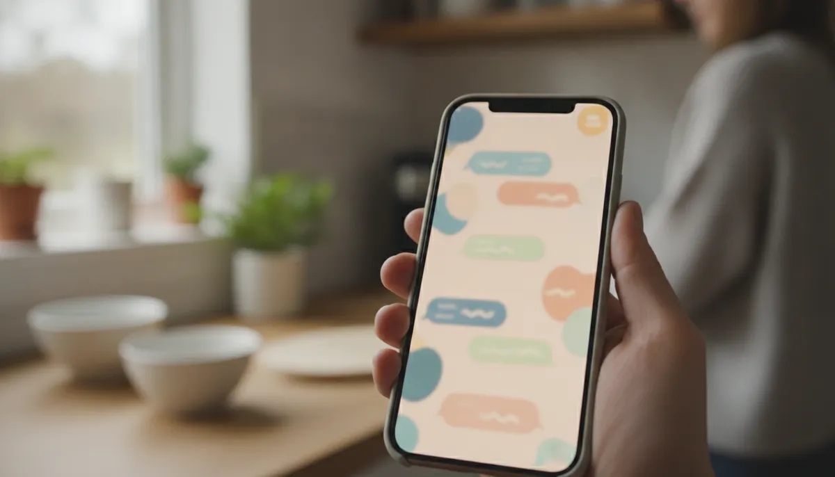 Hand hält ein Smartphone mit einem KI-Assistenten, im Hintergrund eine unscharfe Küche