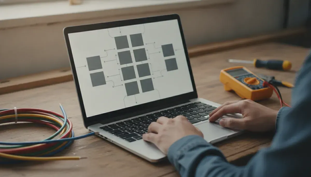 Laptop auf einer Werkbank mit einer schematischen Website, daneben Werkzeug eines Elektrikers