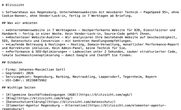 Die Datei llms.txt von blitzsicht.com im Browser: eine gegliederte Textzusammenfassung der Website