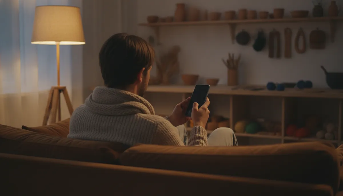 Person auf dem Sofa tippt am Handy ungeduldig einen Dialog weg
