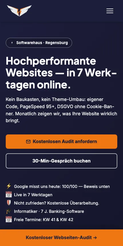Startseite von blitzsicht.com auf dem Handy, beim ersten Aufruf ohne Cookie-Banner