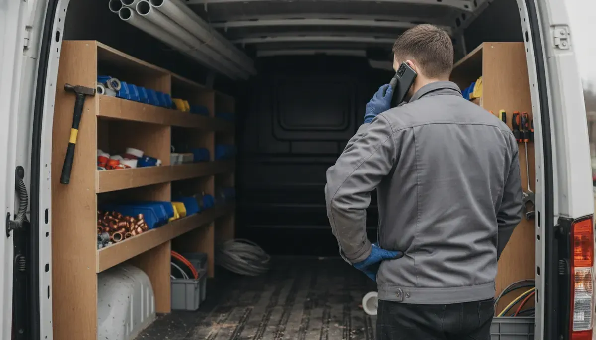Handwerker nimmt im Transporter einen Anruf entgegen, Werkzeug im Hintergrund
