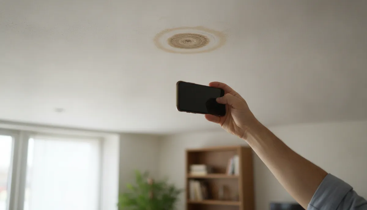 Hand mit Smartphone vor einem Wasserfleck an der Zimmerdecke: Hier sucht jemand gerade einen Handwerker
