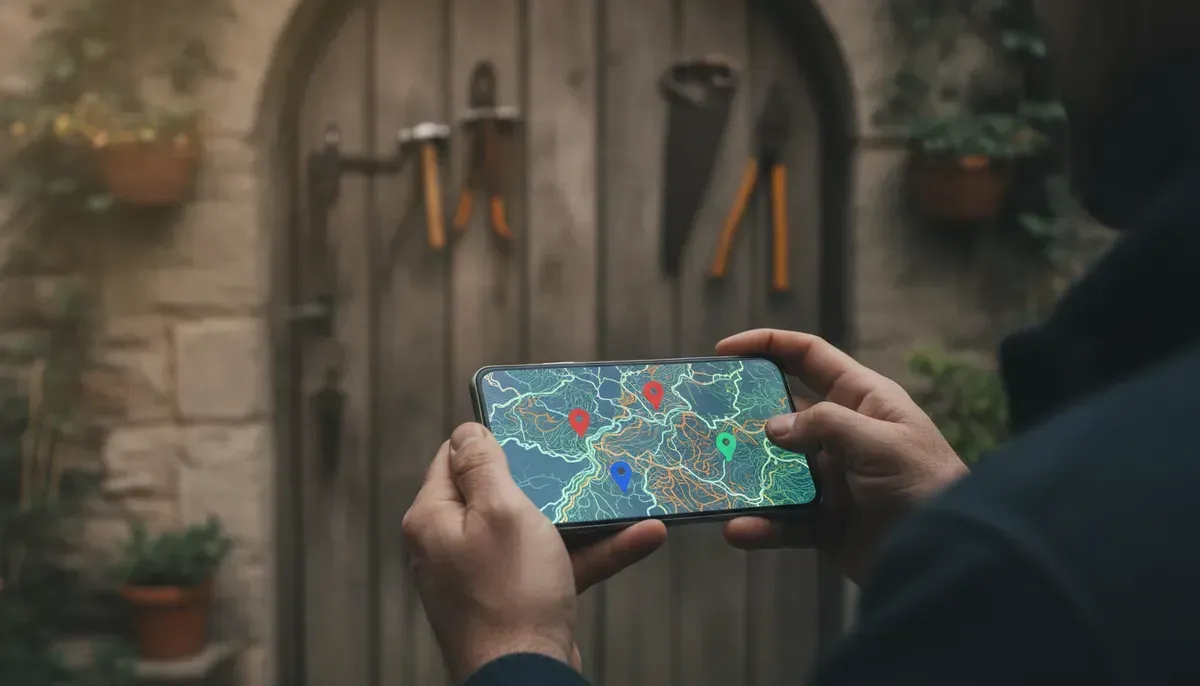 Smartphone mit einer Kartenansicht und Standortnadeln vor dem Eingang einer Werkstatt