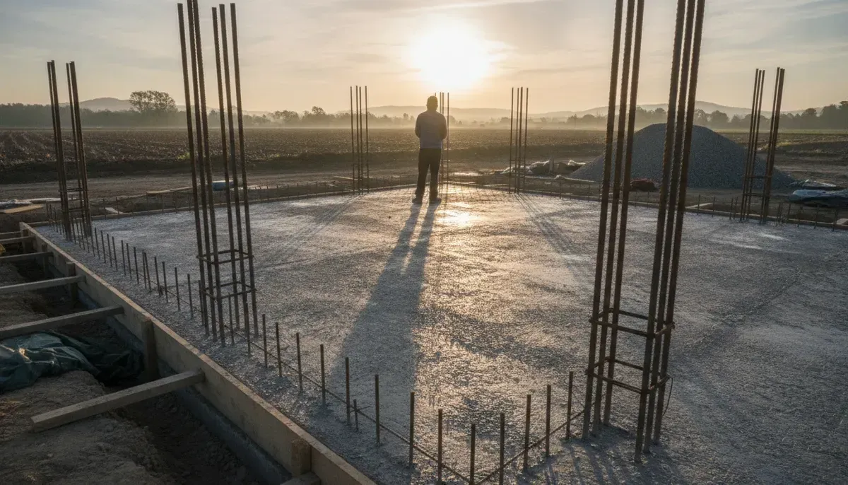 Betonfundament eines Neubaus mit Bewehrungsstahl im Morgenlicht