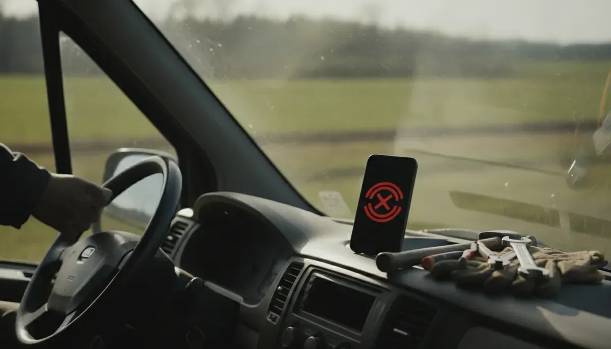 Handy auf dem Armaturenbrett eines Transporters mit einem verpassten Anruf