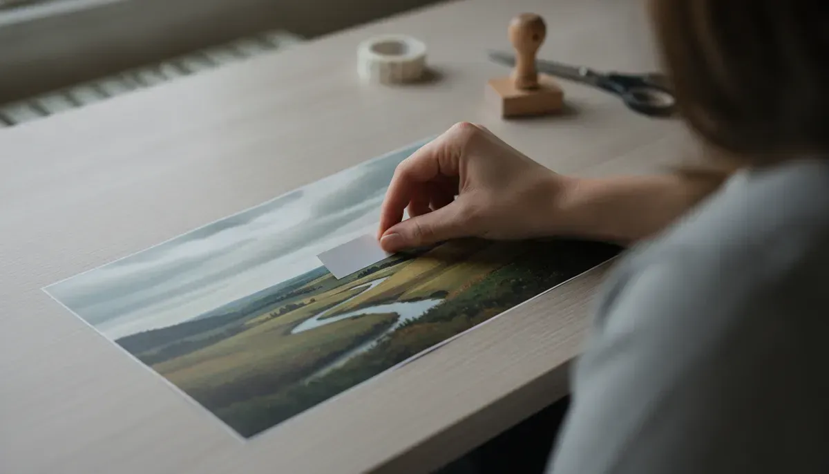 Hand klebt ein kleines Etikett in die untere linke Ecke eines ausgedruckten Fotos