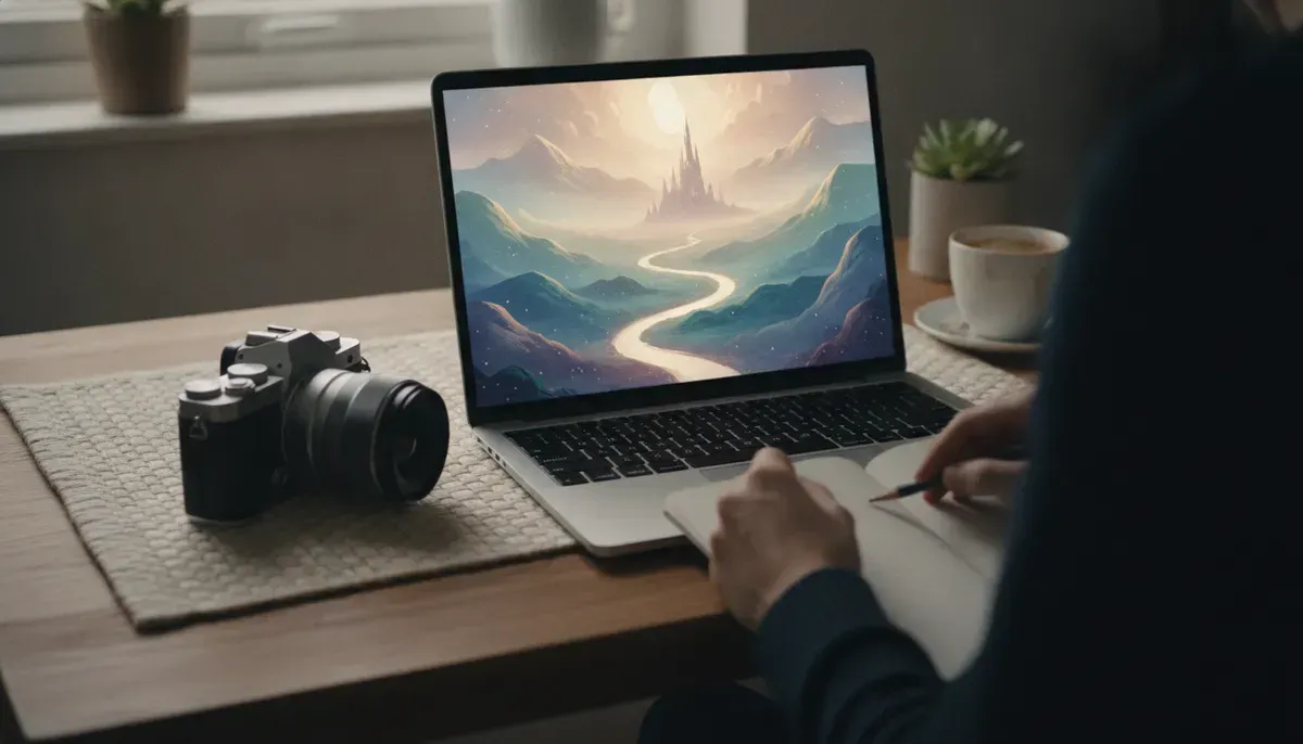 Kamera neben einem Laptop mit einem erzeugten Landschaftsbild