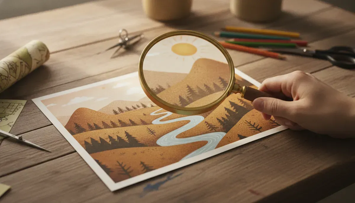 Lupe über einem ausgedruckten Landschaftsbild auf dem Schreibtisch