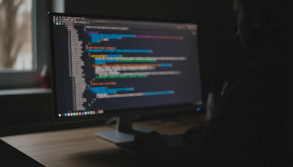 Unscharfer Quelltext auf einem Monitor in einem dunklen Raum