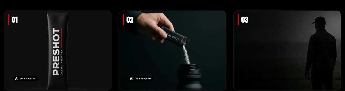 Drei Produktkacheln nebeneinander auf getpreshot.com. Die ersten beiden zeigen den Stick und das Einrühren in eine Flasche und tragen unten links das Label „AI generated". Die dritte zeigt die Silhouette eines Golfers im Nebel und trägt keines
