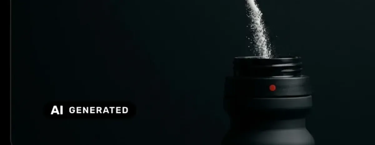 Nahaufnahme eines KI-Labels am unteren linken Bildrand: das schwarze EU-Symbol mit der Aufschrift „AI generated" auf einer dunklen Produktaufnahme