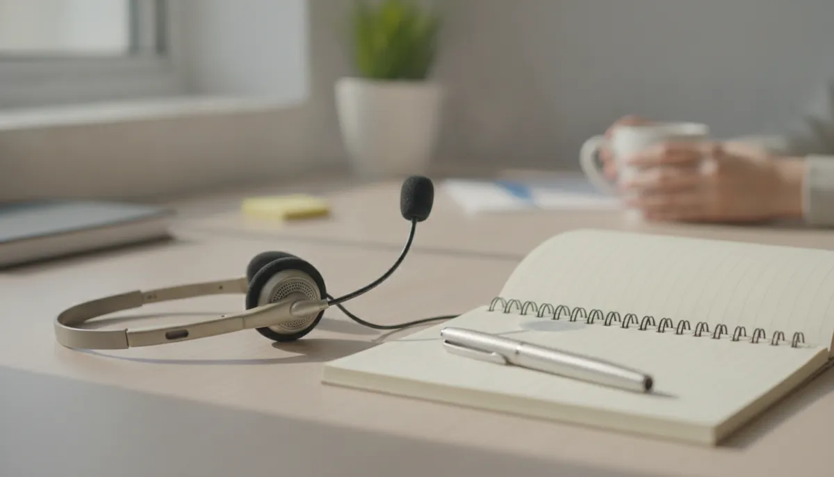 Telefon-Headset auf einem Bürotisch neben einem Notizblock