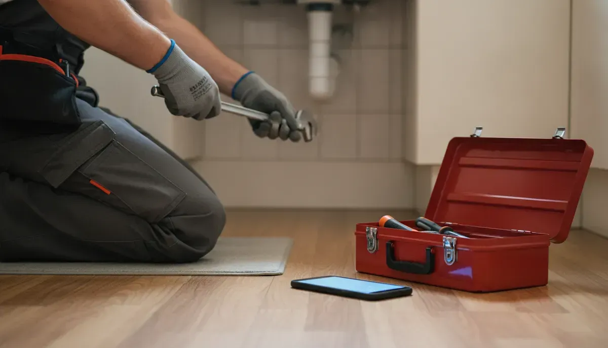 Installateur arbeitet unter dem Waschbecken, das Handy liegt daneben auf dem Boden