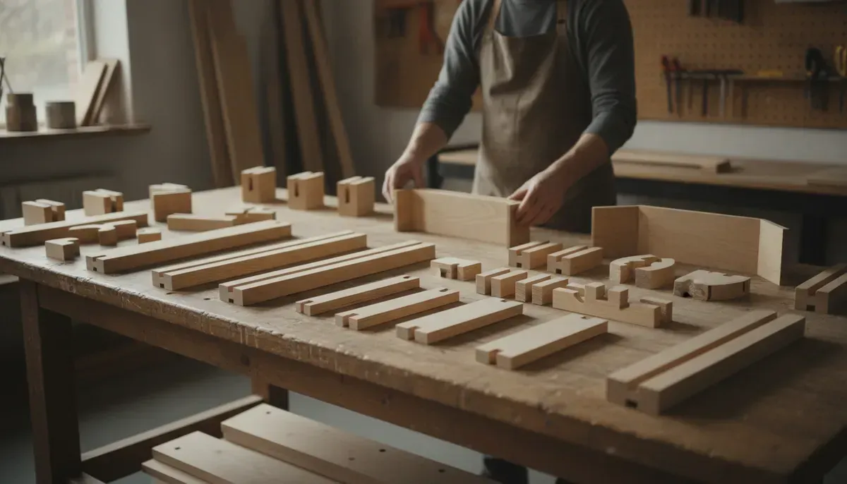 Vorgefertigte Bauteile ordentlich auf einem Werktisch, bereit zur Montage