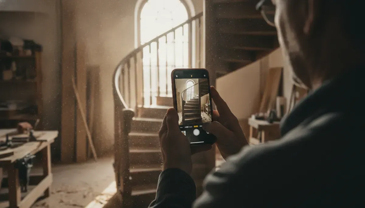 Schreiner fotografiert mit dem Handy eine fertige Holztreppe für die eigene Website