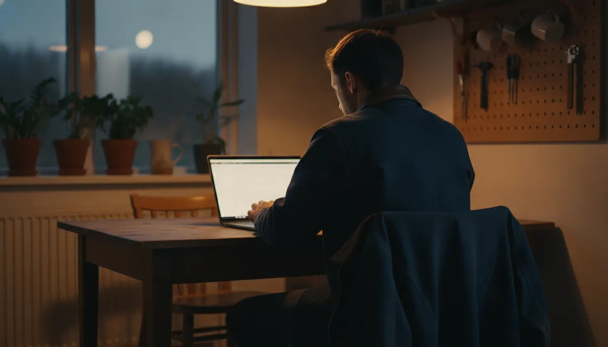 Handwerker baut abends am Küchentisch selbst an seiner Website