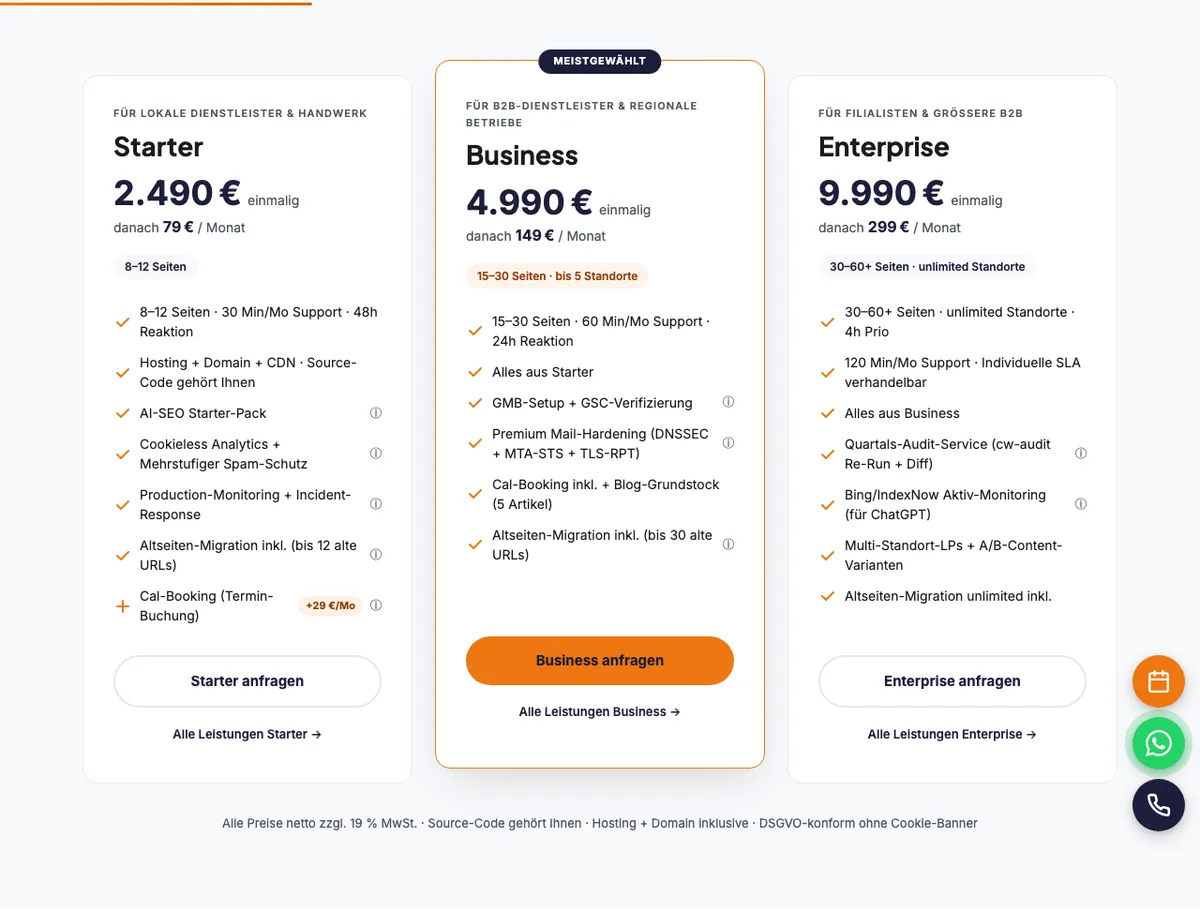 Die Paketübersicht auf blitzsicht.com mit Festpreisen