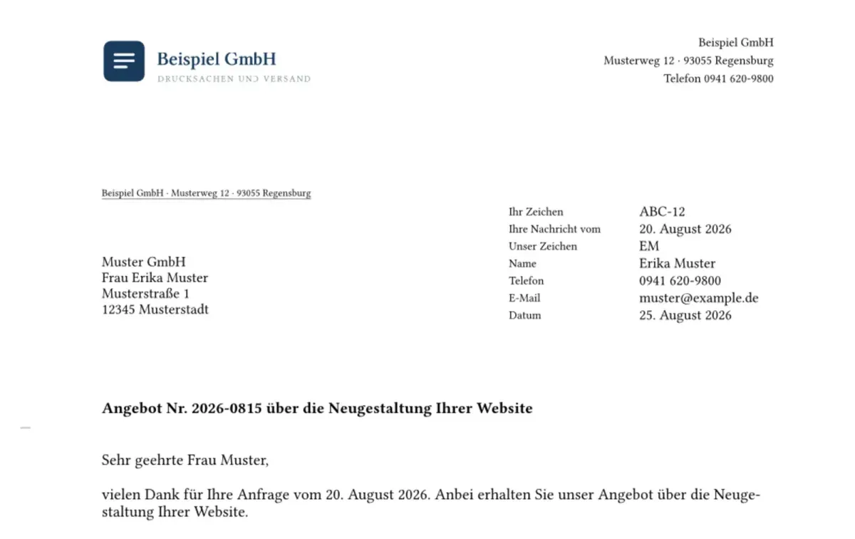 Von falzmarke gesetzter Geschäftsbrief nach DIN 5008 — Briefkopf, Anschriftfeld und Falzmarke am linken Rand