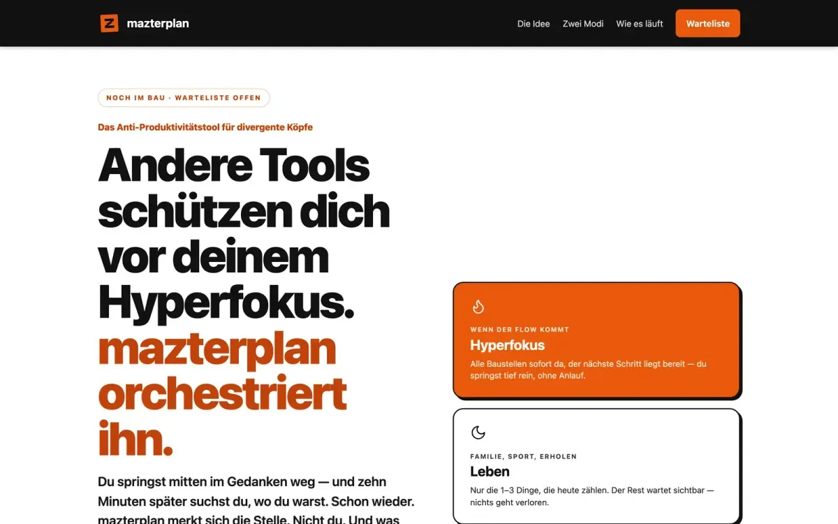 Startseite von mazterplan mit den beiden Modi Hyperfokus und Leben