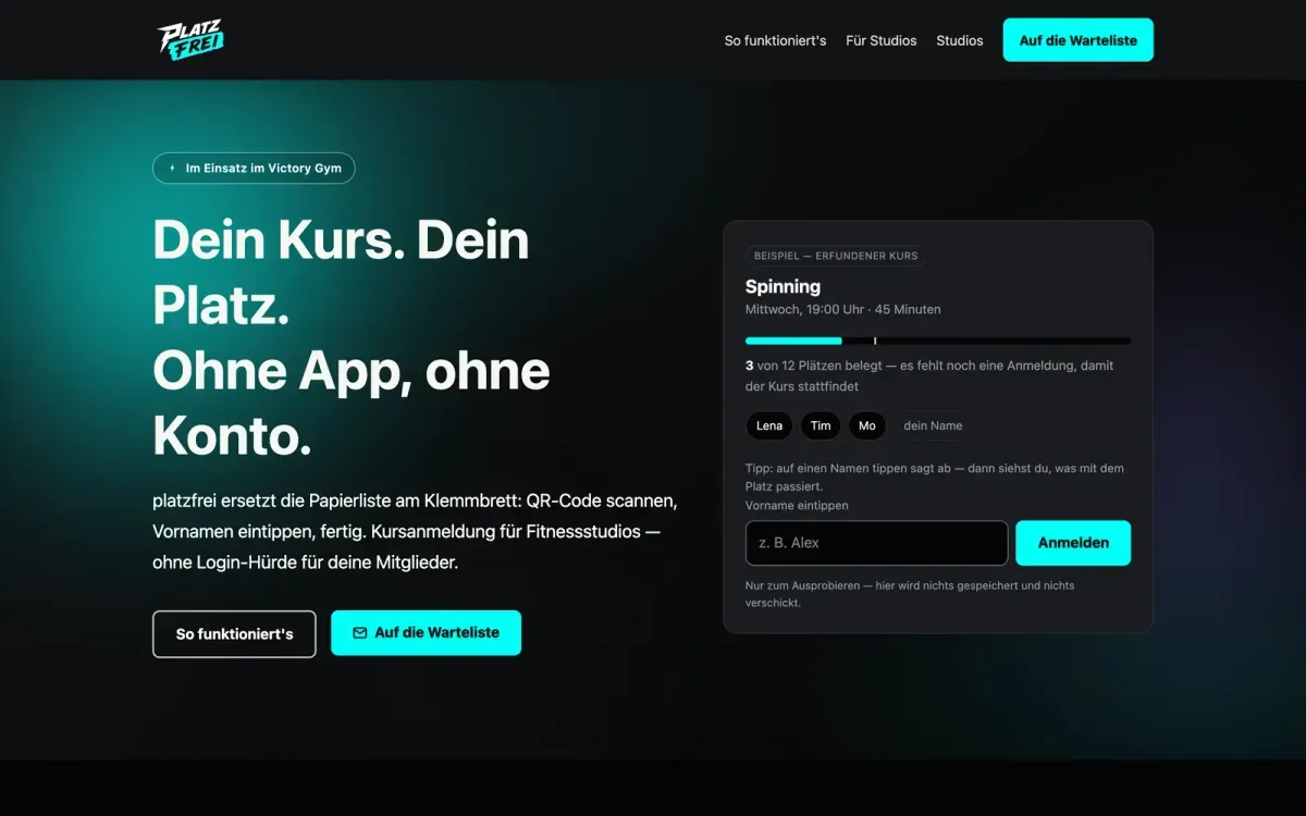 Startseite von platzfrei mit einer Beispiel-Kursanmeldung
